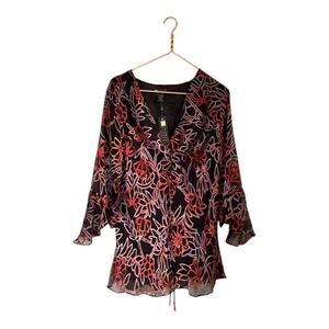 Y2k Carole Little 100% Silk Black Floral Print Boho Fairy Hippie Flowy Blouse 2X